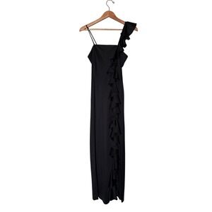 Vintage Fredericks of Hollywood Black Ruffle One Shoulder Maxi Gown Dress Small